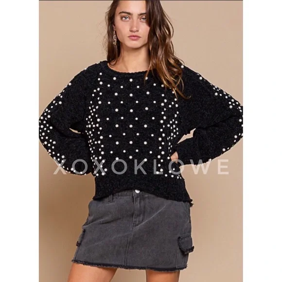 POL Pearl Beaded Black Velvet Chenille Sweater Relaxed Fit - Picture 5 of 13